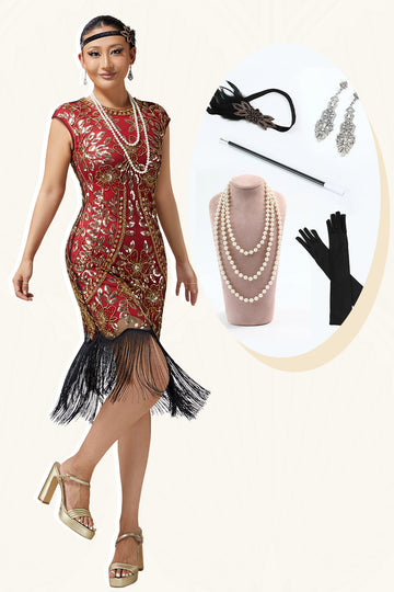Red Golden Sequins Bodycon Fringed 1920s Dress With 5-Piece Accessories Set